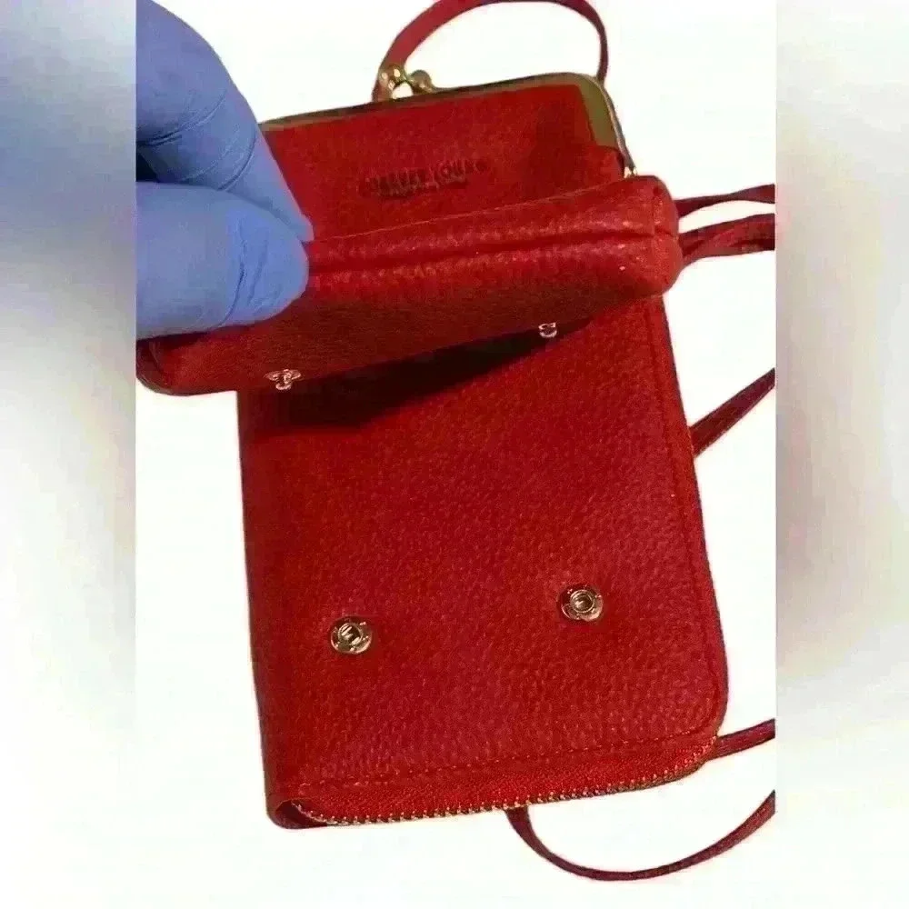 A Forever Young red woman’s,Crossbody bag / wallet with attached iPhone carrier.